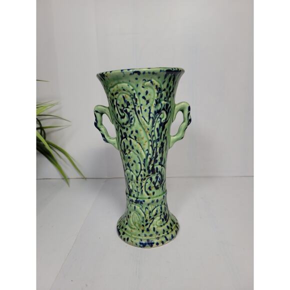Vintage Green with Cobalt Vase, Double Handle, Japan - Picture 3 of 5